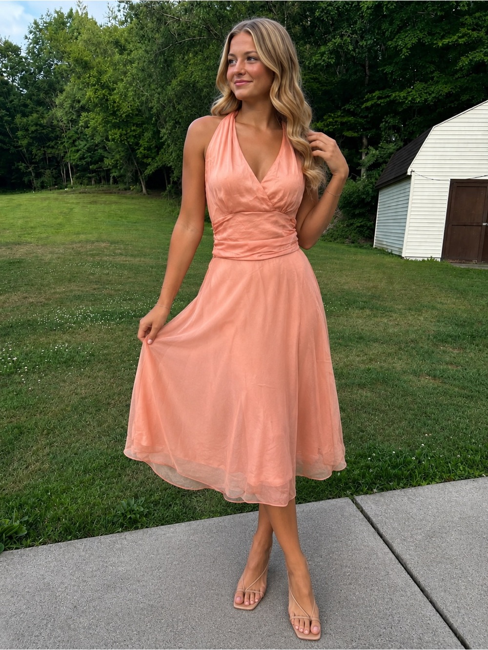 Women's Sleeveless Coral Halter Dress